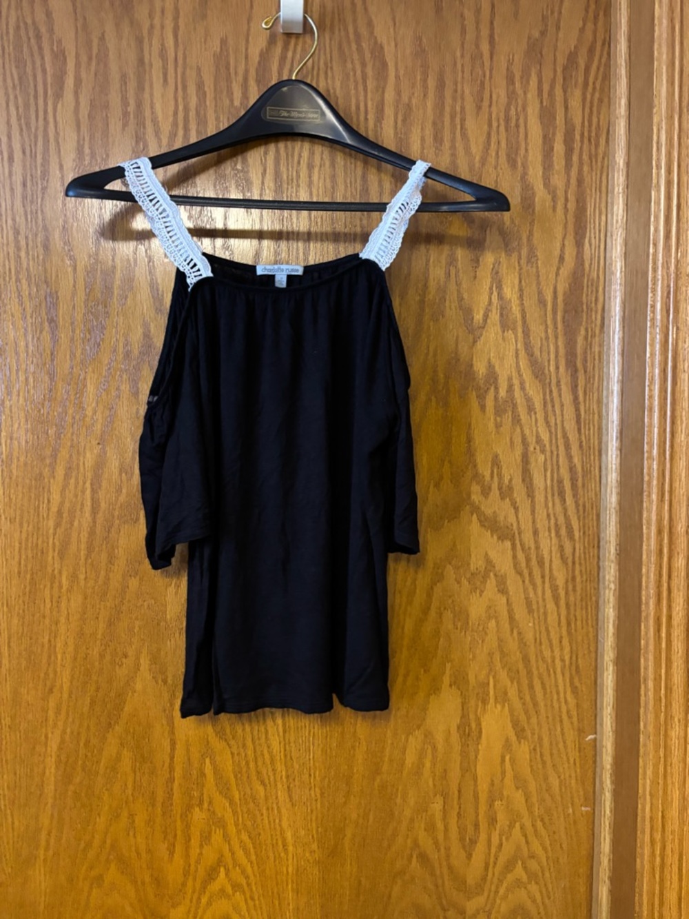 Charlotte Russe Black Cold-Shoulder Top with White Crochet Detail